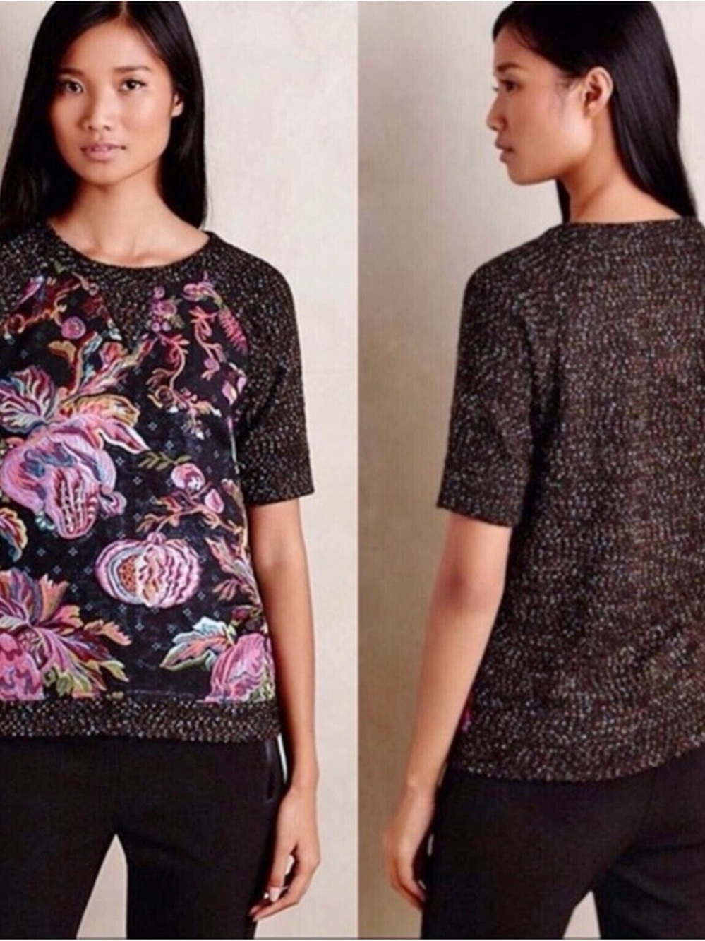 Anthropologie Black Short-Sleeve Knit Top with Pink Floral Embroidery